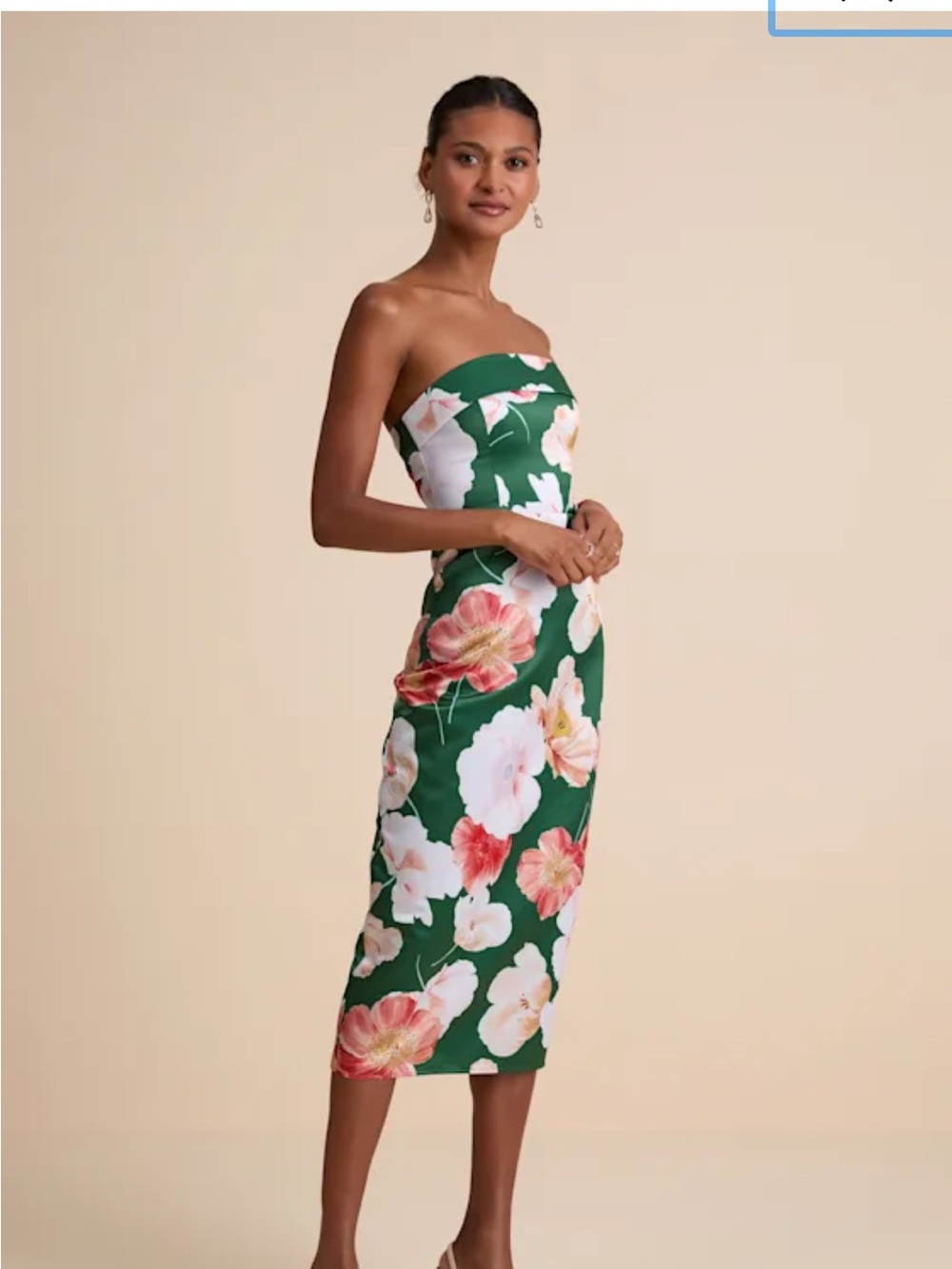 Lulu Strapless Green Floral Midi Dress with Pink & Cream Blooms